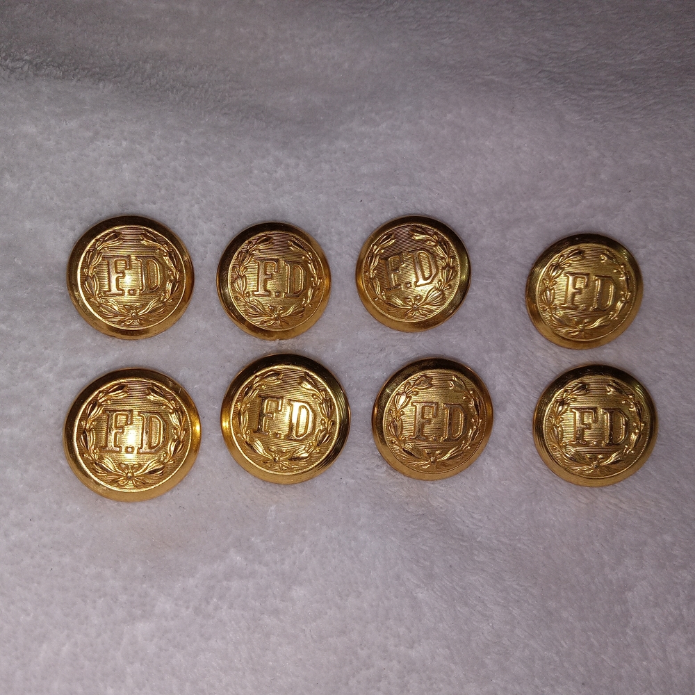 Antique Fire Department FD Uniform Buttons c.1885–1905 Victorian Gilt Brass Set